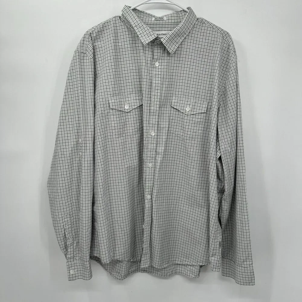 Calvin Klein XXL Button Down Shirt Men Grey White Micro Check Long Sleeve Cotton